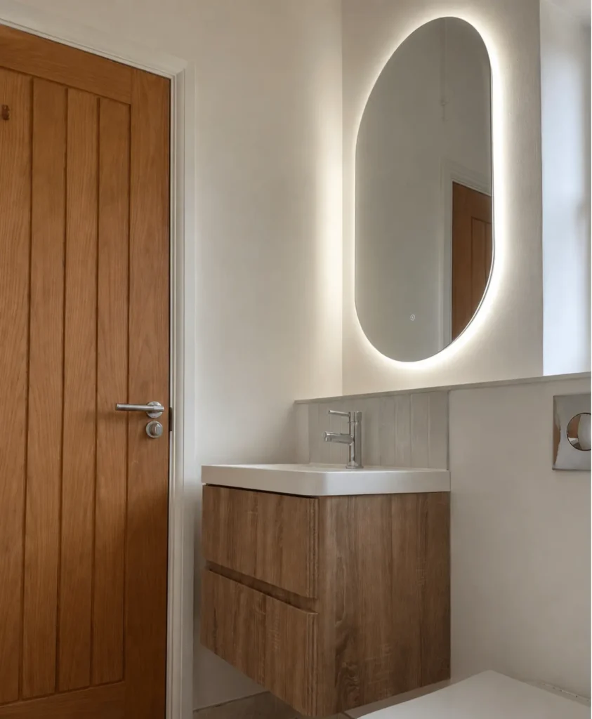 Modern bathroom renovation in Taunton, Somerset with floating vanity unit, basin and illuminated mirror